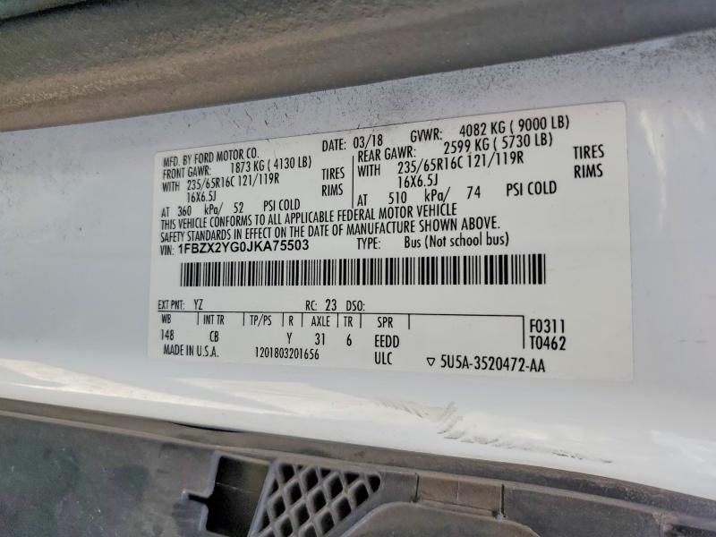 2018 Ford Transit მანქანა იყიდება აუქციონზე, vin: 1FBZX2YG0JKA75503, აუქციონის ნომერი: 52016116
