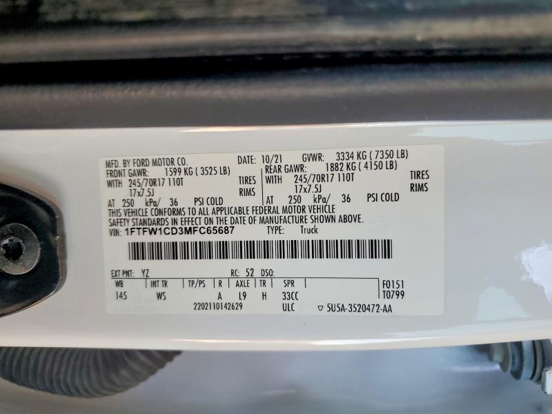 2021 Ford F150 მანქანა იყიდება აუქციონზე, vin: 1FTFW1CD3MFC65687, აუქციონის ნომერი: 55015906