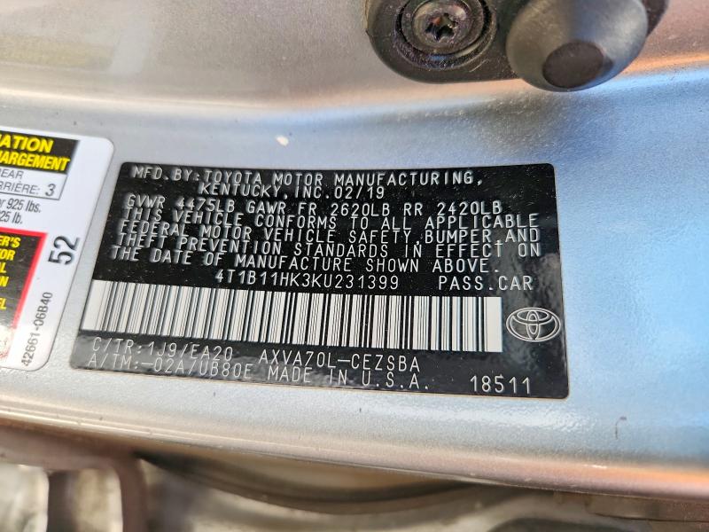 Продажа на аукционе авто 2019 Toyota Camry, vin: 4T1B11HK3KU231399, номер лота: 55577016