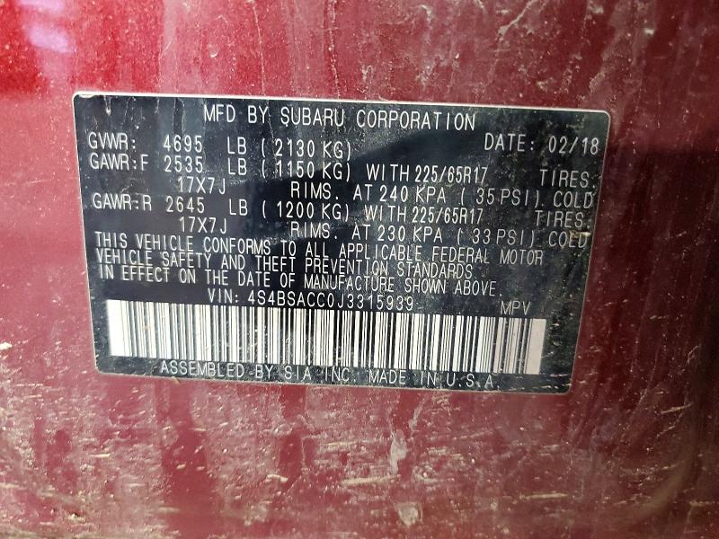 Aukcja sprzedaży 2018 Subaru Outback, vin: 4S4BSACC0J3315939, numer aukcji: 55074296
