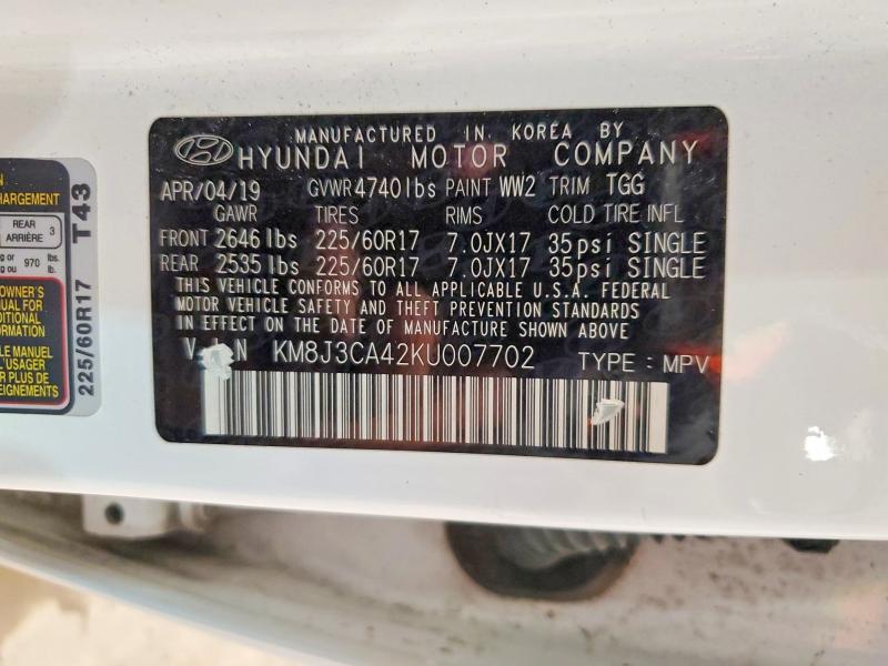 2019 Hyun Tucson მანქანა იყიდება აუქციონზე, vin: KM8J3CA42KU007702, აუქციონის ნომერი: 57913716