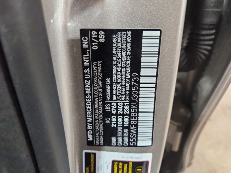 85627455 :رقم المزاد ، 55SWF8EB5KU305739 vin ، 2019 Mercedes-benz C مزاد بيع