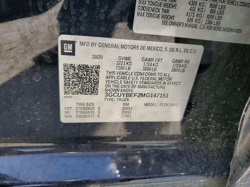 Aukcja sprzedaży 2021 Chevrolet Silverado, vin: 3GCUYBEF2MG147151, numer aukcji: 56808706
