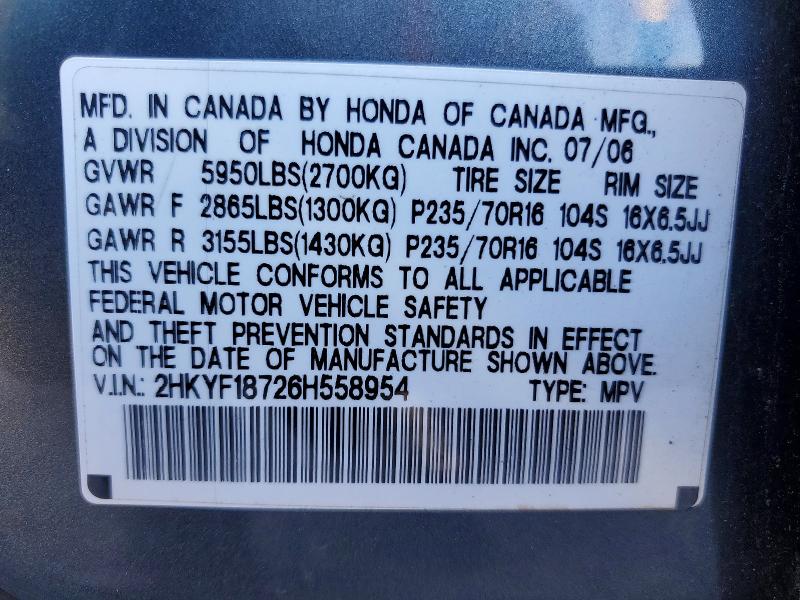 Продаж на аукціоні авто 2006 Honda Pilot, vin: 2HKYF18726H558954, номер лоту: 55958936