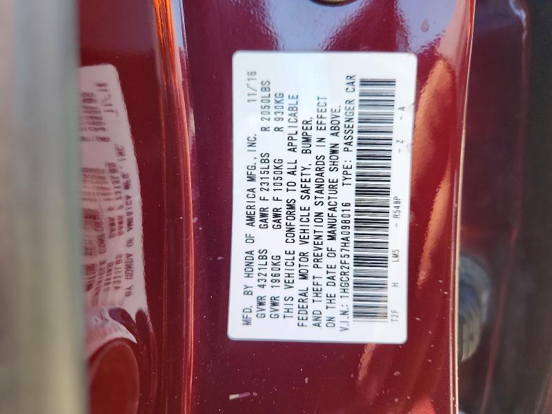 2017 Honda Accord მანქანა იყიდება აუქციონზე, vin: 1HGCR2F57HA098016, აუქციონის ნომერი: 57373606
