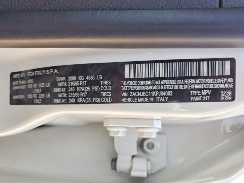 2019 Jeep Renegade მანქანა იყიდება აუქციონზე, vin: ZACNJBC11KPJ94082, აუქციონის ნომერი: 85458025
