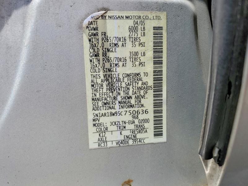 58199196 :رقم المزاد ، 5N1AR18W95C750636 vin ، 2005 Nissan Pathfinder مزاد بيع