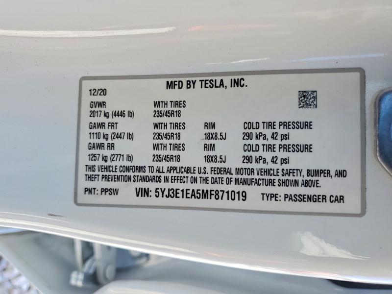 2021 Tesla Model 3 მანქანა იყიდება აუქციონზე, vin: 5YJ3E1EA5MF871019, აუქციონის ნომერი: 58317556