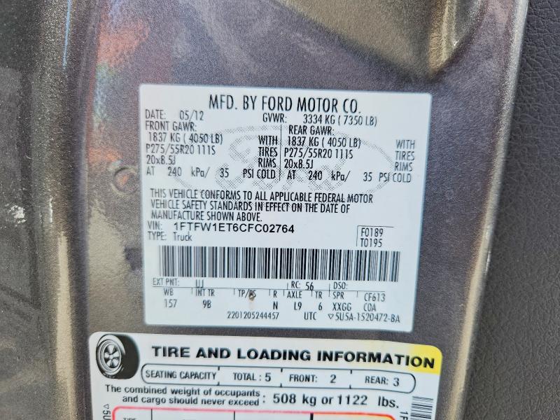 Aukcja sprzedaży 2012 Ford F150, vin: 1FTFW1ET6CFC02764, numer aukcji: 55820206