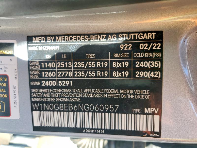 2022 Mercedes-benz Glc მანქანა იყიდება აუქციონზე, vin: W1N0G8EB6NG060957, აუქციონის ნომერი: 57596266
