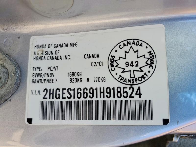 2001 Honda Civic მანქანა იყიდება აუქციონზე, vin: 2HGES16691H918524, აუქციონის ნომერი: 55930806