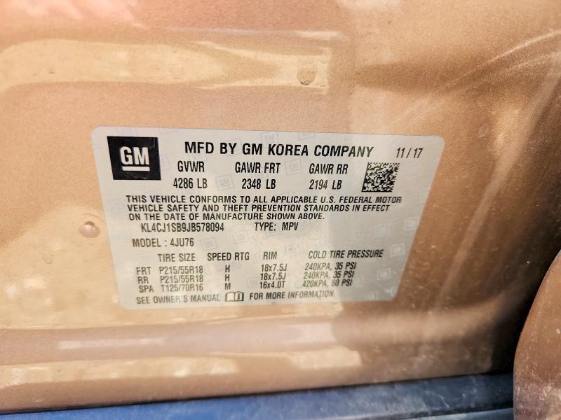 57909046 :رقم المزاد ، KL4CJ1SB9JB578094 vin ، 2018 Buick Encore مزاد بيع