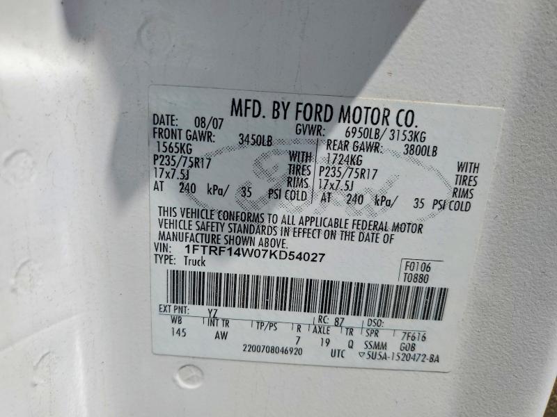 57299756 :رقم المزاد ، 1FTRF14W07KD54027 vin ، 2007 Ford F150 مزاد بيع