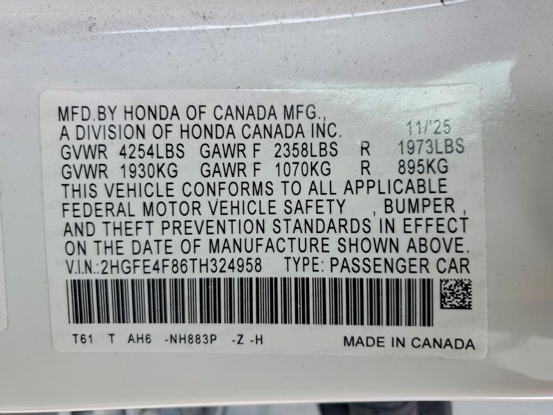 Продаж на аукціоні авто 2026 Honda Civic, vin: 2HGFE4F86TH324958, номер лоту: 56704646