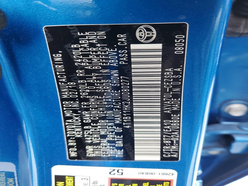 2018 Toyota Camry მანქანა იყიდება აუქციონზე, vin: 4T1B11HK2JU080277, აუქციონის ნომერი: 56030066