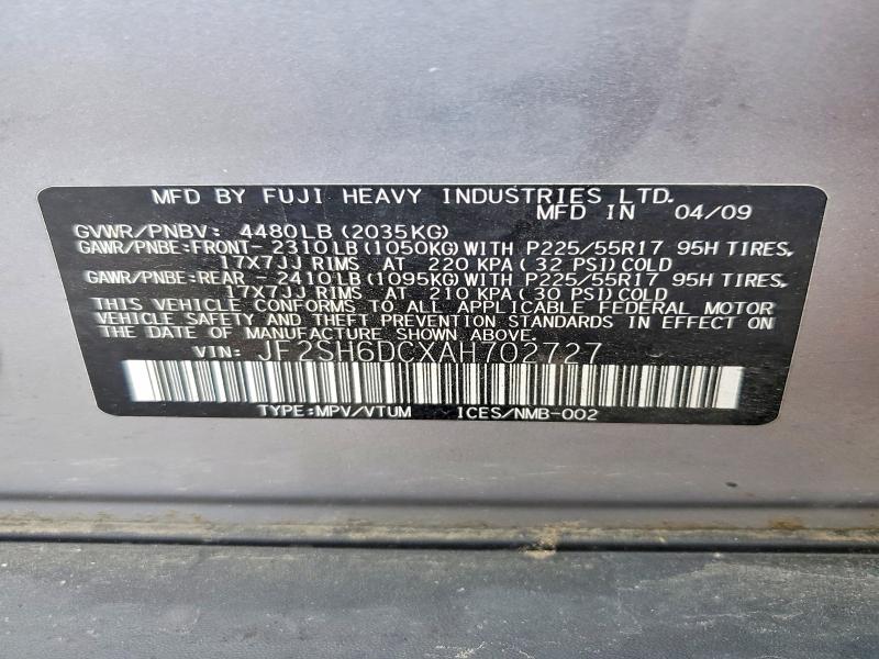 2010 Subaru Forester მანქანა იყიდება აუქციონზე, vin: JF2SH6DCXAH702727, აუქციონის ნომერი: 57032476