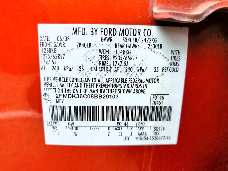 2008 Ford Edge მანქანა იყიდება აუქციონზე, vin: 2FMDK36C08BB29103, აუქციონის ნომერი: 58236206