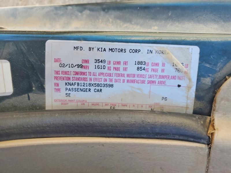 1999 Kia Sephia მანქანა იყიდება აუქციონზე, vin: KNAFB1218X5803598, აუქციონის ნომერი: 58554906
