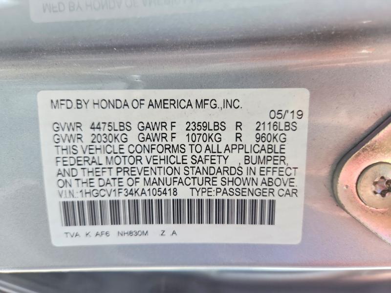 Продаж на аукціоні авто 2019 Honda Accord, vin: 1HGCV1F34KA105418, номер лоту: 55114056