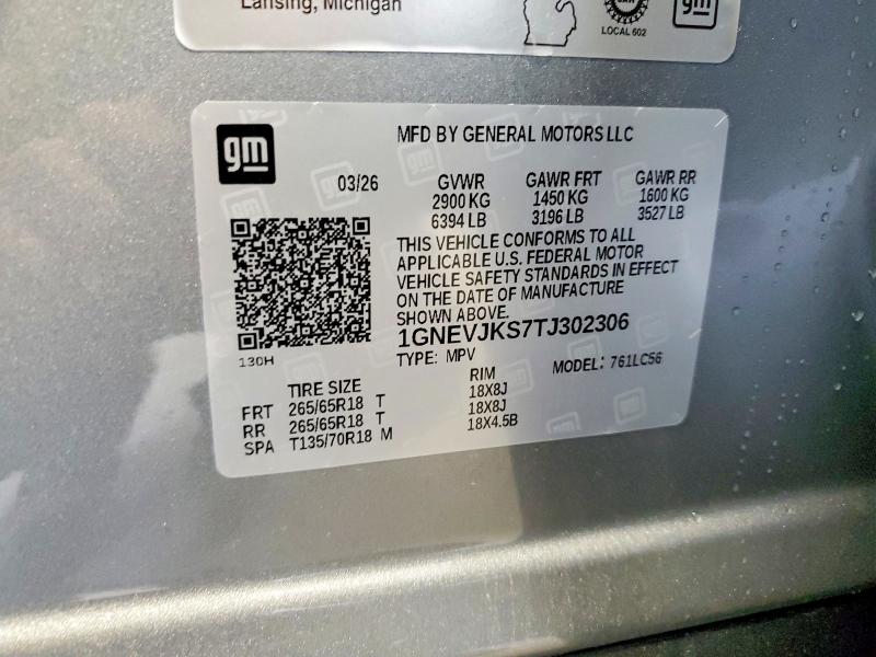 2026 Chevrolet Traverse მანქანა იყიდება აუქციონზე, vin: 1GNEVJKS7TJ302306, აუქციონის ნომერი: 55501656