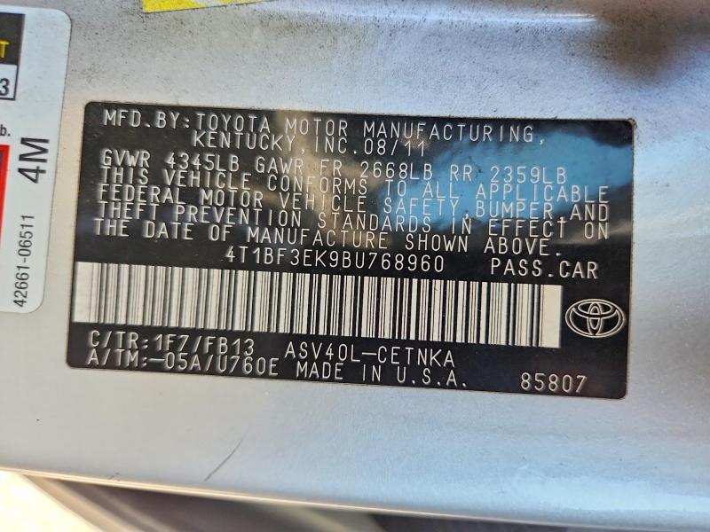 2011 Toyota Camry მანქანა იყიდება აუქციონზე, vin: 4T1BF3EK9BU768960, აუქციონის ნომერი: 55456766