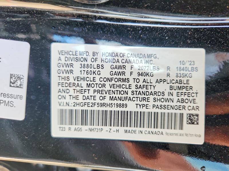 Продажа на аукционе авто 2024 Honda Civic, vin: 2HGFE2F59RH519889, номер лота: 57373546