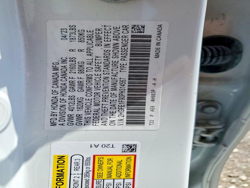 2023 Honda Civic მანქანა იყიდება აუქციონზე, vin: 2HGFE1F90PH314567, აუქციონის ნომერი: 57605846