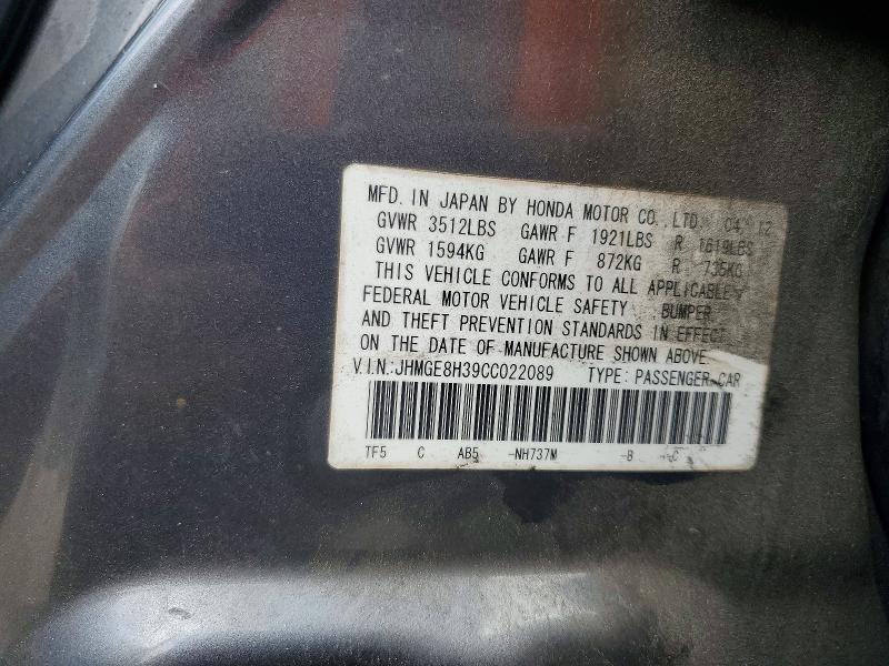 2012 Honda Fit მანქანა იყიდება აუქციონზე, vin: JHMGE8H39CC022089, აუქციონის ნომერი: 55066646