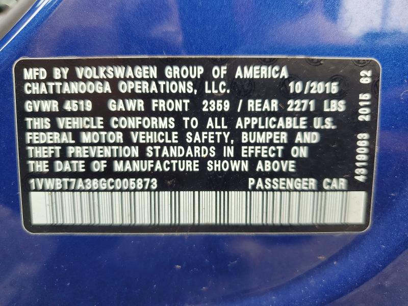 Продажа на аукционе авто 2016 Volkswagen Passat, vin: 1VWBT7A36GC005873, номер лота: 58708376