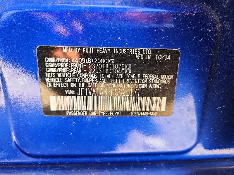 Aukcja sprzedaży 2015 Subaru Wrx, vin: JF1VA1A67F9822171, numer aukcji: 58145556