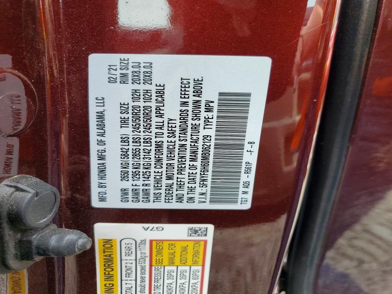 2021 Honda Pilot მანქანა იყიდება აუქციონზე, vin: 5FNYF6H60MB062129, აუქციონის ნომერი: 57433766