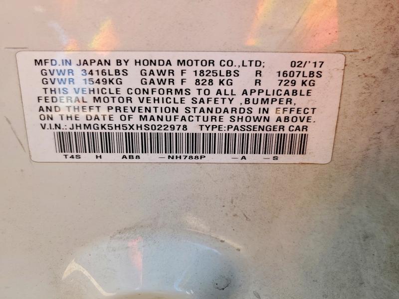 2017 Honda Fit მანქანა იყიდება აუქციონზე, vin: JHMGK5H5XHS022978, აუქციონის ნომერი: 57762746