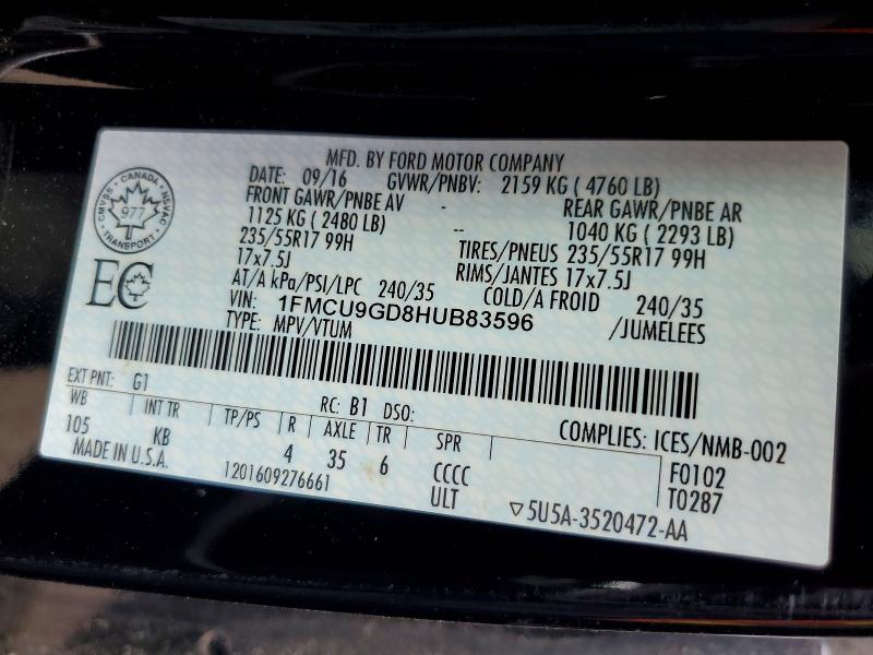 Продажа на аукционе авто 2017 Ford Escape, vin: 1FMCU9GD8HUB83596, номер лота: 59151056