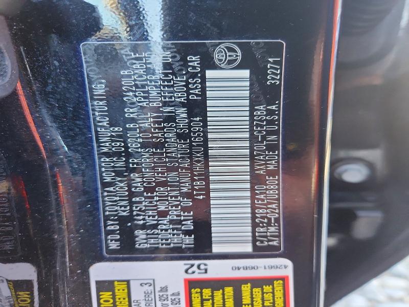 2019 Toyota Camry მანქანა იყიდება აუქციონზე, vin: 4T1B11HKXKU165904, აუქციონის ნომერი: 56448136
