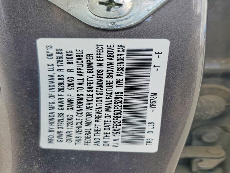2013 Honda Civic მანქანა იყიდება აუქციონზე, vin: 19XFB2F86DE252815, აუქციონის ნომერი: 57158036