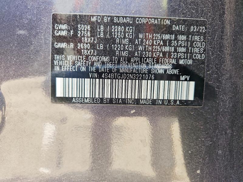 56180646 :رقم المزاد ، 4S4BTGJD2N3221076 vin ، 2022 Subaru Outback مزاد بيع