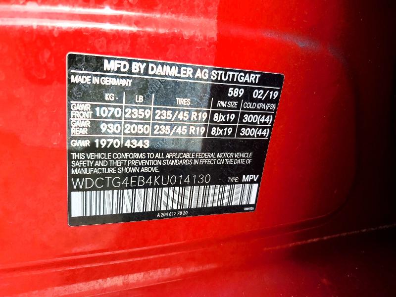 57612416 :رقم المزاد ، WDCTG4EB4KU014130 vin ، 2019 Mercedes-benz Gla مزاد بيع