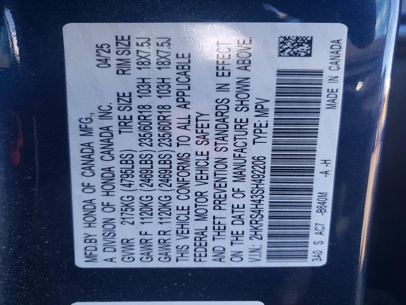 57333366 :رقم المزاد ، 2HKRS4H43SH492206 vin ، 2025 Honda Cr-v مزاد بيع