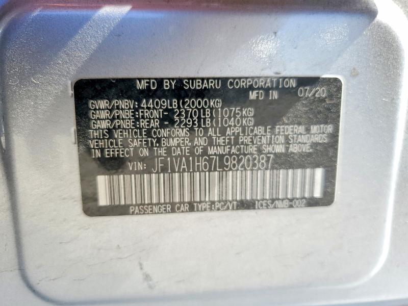 2020 Subaru Wrx მანქანა იყიდება აუქციონზე, vin: JF1VA1H67L9820387, აუქციონის ნომერი: 57573026