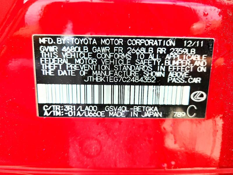 Продаж на аукціоні авто 2012 Lexus Es, vin: JTHBK1EG7C2484352, номер лоту: 59115926
