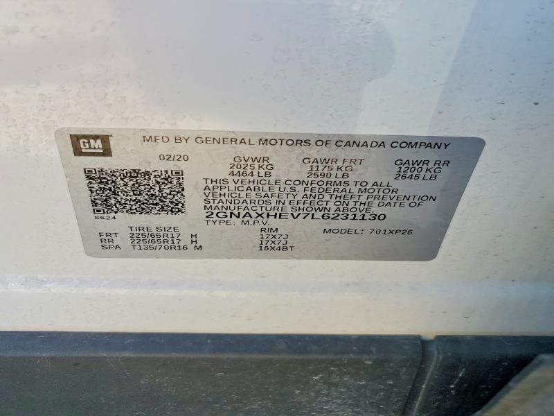 Продаж на аукціоні авто 2020 Chevrolet Equinox, vin: 2GNAXHEV7L6231130, номер лоту: 57960676