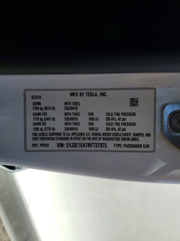 Aukcja sprzedaży 2024 Tesla Model 3, vin: 5YJ3E1EA7RF737975, numer aukcji: 56846706