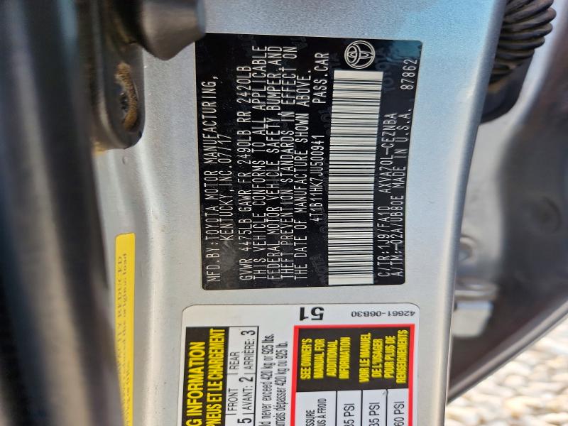 Продаж на аукціоні авто 2018 Toyota Camry, vin: 4T1B11HK7JU500941, номер лоту: 58378016