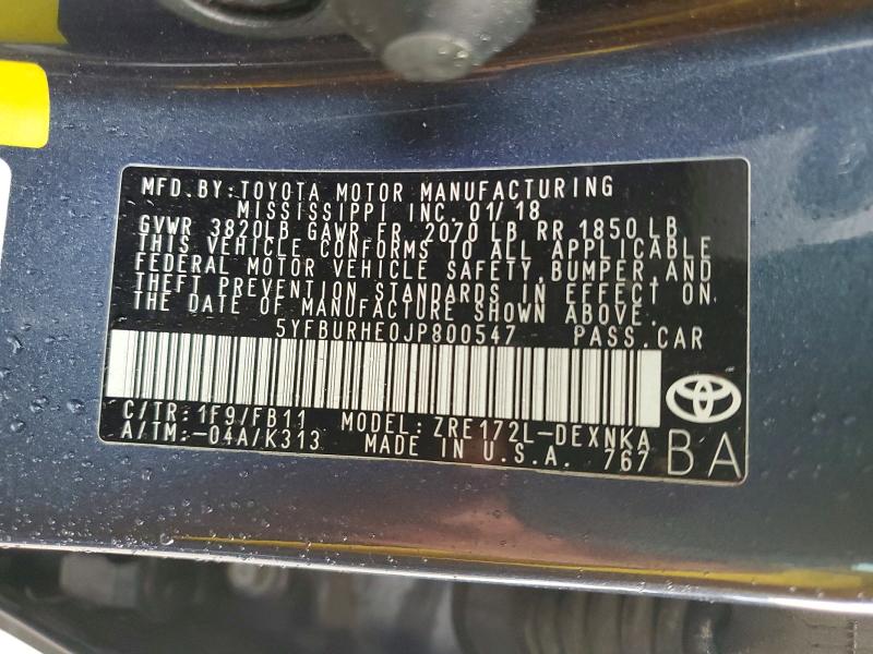 Aukcja sprzedaży 2018 Toyota Corolla, vin: 5YFBURHE0JP800547, numer aukcji: 58103316