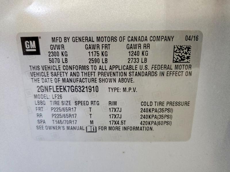 55951916 :رقم المزاد ، 2GNFLEEK7G6321910 vin ، 2016 Chevrolet Equinox مزاد بيع