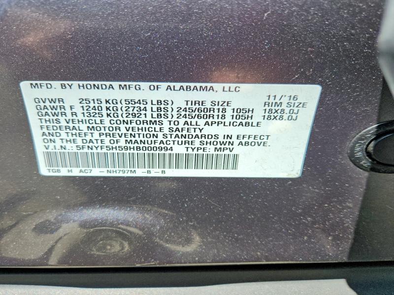 Продаж на аукціоні авто 2017 Honda Pilot, vin: 5FNYF5H59HB000994, номер лоту: 58709816