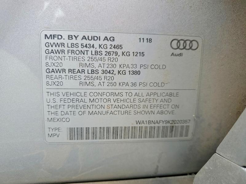 2019 Audi Q5 მანქანა იყიდება აუქციონზე, vin: WA1BNAFY9K2020357, აუქციონის ნომერი: 56137426