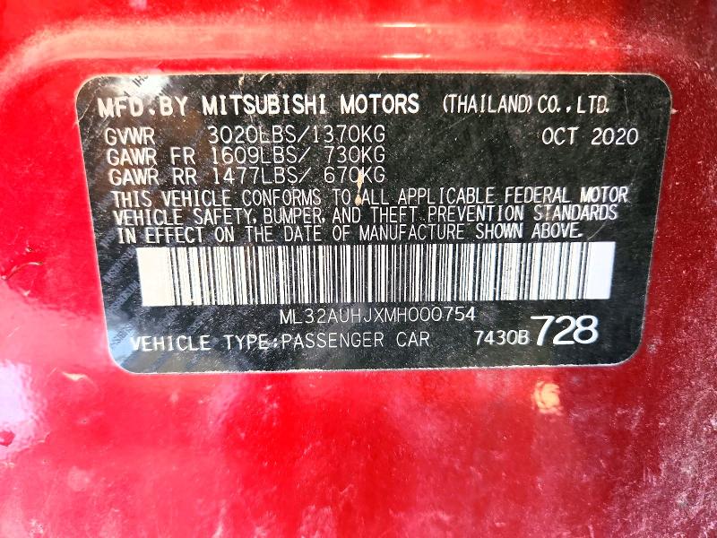 2021 Mitsubishi Mirage მანქანა იყიდება აუქციონზე, vin: ML32AUHJXMH000754, აუქციონის ნომერი: 55854246