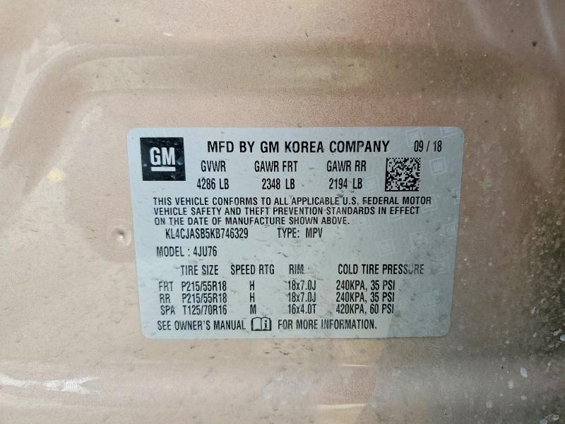 58599916 :رقم المزاد ، KL4CJASB5KB746329 vin ، 2019 Buick Encore مزاد بيع