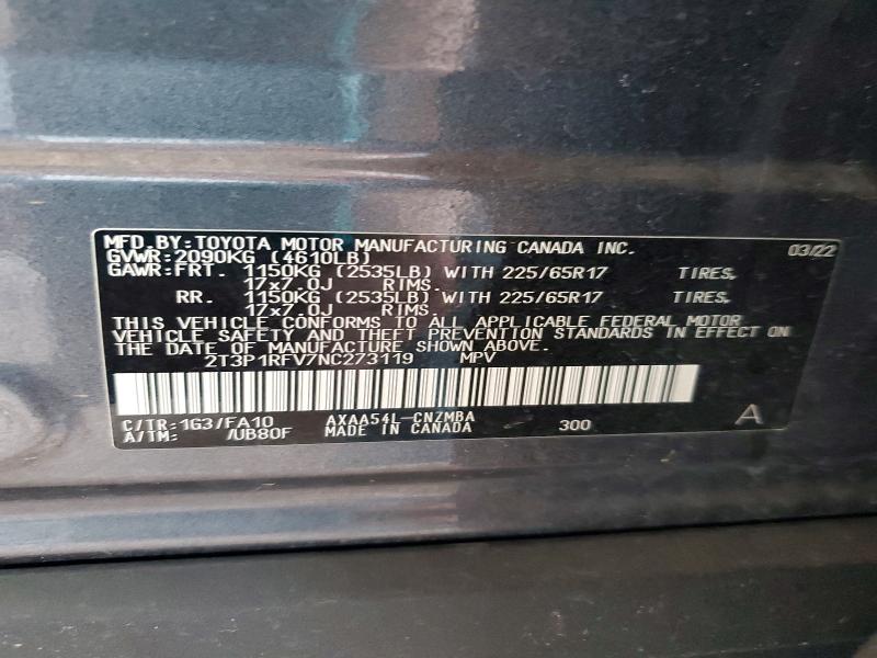 2022 Toyota Rav4 მანქანა იყიდება აუქციონზე, vin: 2T3P1RFV7NC273119, აუქციონის ნომერი: 57249686